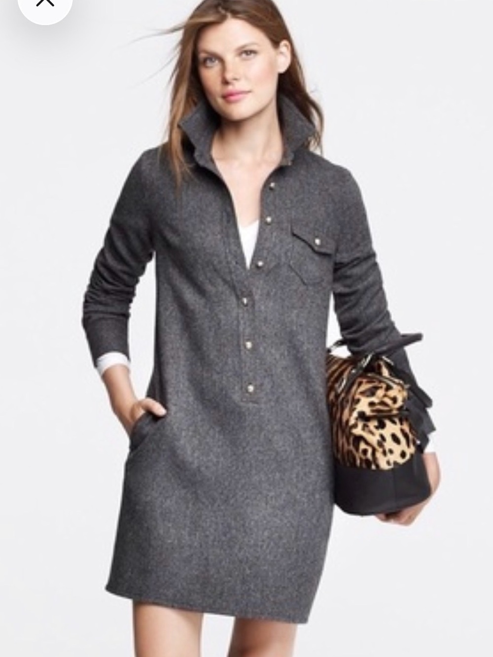 J Crew 100% Wool Herringbone Mini Shirt Dress Size 2